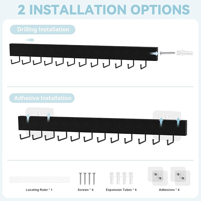 HOMEBROS Tie Rack Wall Mount, Adhesive Wooden Closet Tie Hanger with 24 Metal Hooks, Large Capacity, 2 Installation Options, Black, 2 Pcs
