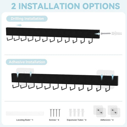 HOMEBROS Tie Rack Wall Mount, Adhesive Wooden Closet Tie Hanger with 24 Metal Hooks, Large Capacity, 2 Installation Options, Black, 2 Pcs