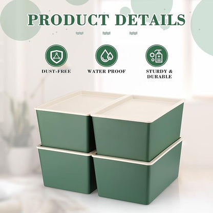 Menkxi 4 Pcs Storage Bins with Lids Plastic Stackable Containers for Organizing Shelves Christmas Ornament Box Baskets(Green,Large)