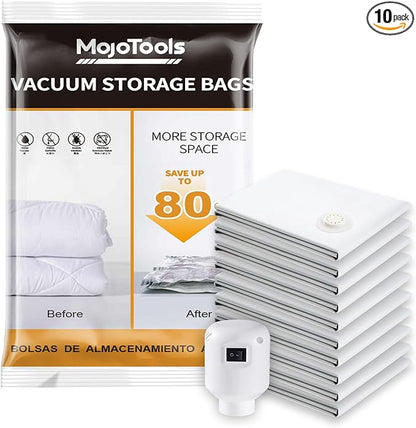 MoJoTools Large Vacuum Storage Bags with Electric Pump – 10 Pack（56×80 cm / 22×31.5 in) Space Saver Bags for Bedding, Comforters, Blankets, Clothes, Pillows, Jackets, Coats – Home Organization