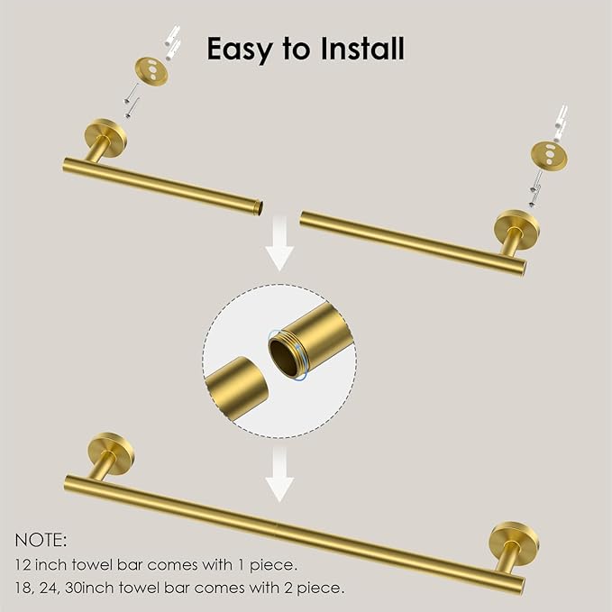 FORIOUS Towel Bar Wall Mounted, Stainless Steel Towel Racks for Bathroom 23 Inch, Includes Wall Mounting Hardware (Gold, Hanging Space 21 Inch)