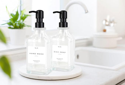Emerson Essentials Glass Soap Dispenser Set – 16 oz 2-Pack – Refillable Dish & Hand Soap Dispensers for Kitchen or Bathroom – Stainless Steel Pump & 5 Waterproof Labels