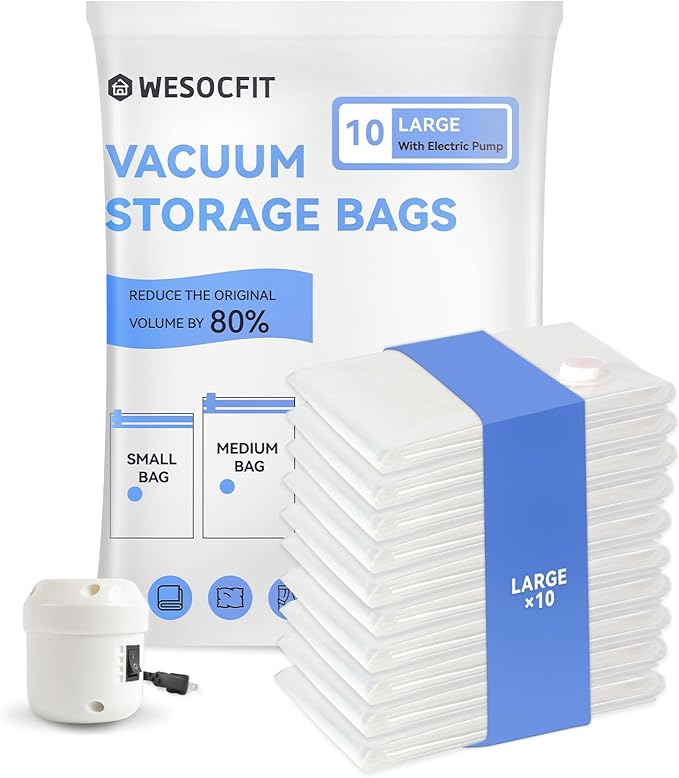 10 Large Vacuum Storage Bags, Vacuum Seal Bags for Clothing, Pillows, Comforters, Blankets, Space Saver Bags with Electric Pump