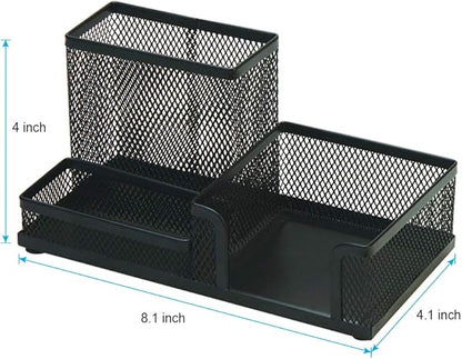 2-Piece Desk Pen & Pencil Organizer - Mesh Metal Pen Cup with Sticky Notes Holder, Black | Pen Cup, Marker Holder, Desk Caddy, Pen Organizer, Workspace