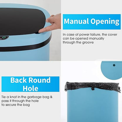 BestOffice | 13 Gallon Plastic Trash Can with Lid | Blue | Automatic Touchless Garbage Can | Odor Control | Modern Oval Design | Easy to Clean | Fits Any Kitchen, Bathroom, Office or Home