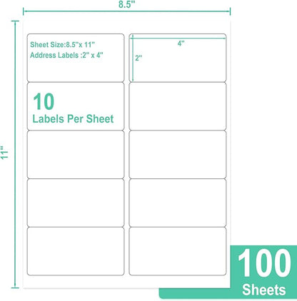 L LIKED 2" x 4" Label Stickers, Printable White 10 per Sheets Total 1000 Labels for Laser/Inkjet Printing - Matte (1000 Labels) (Pack of 2)