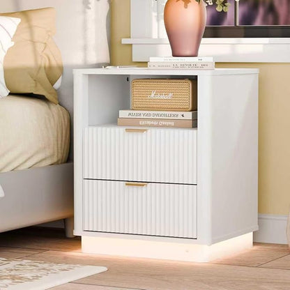 BONITURE Led Fluted Nightstand, Curved Night Stand with Charging Station Lighting, Wood Side Table with 2 Drawers, Modern End Table Storage Cabinet for Bedroom(1, White)