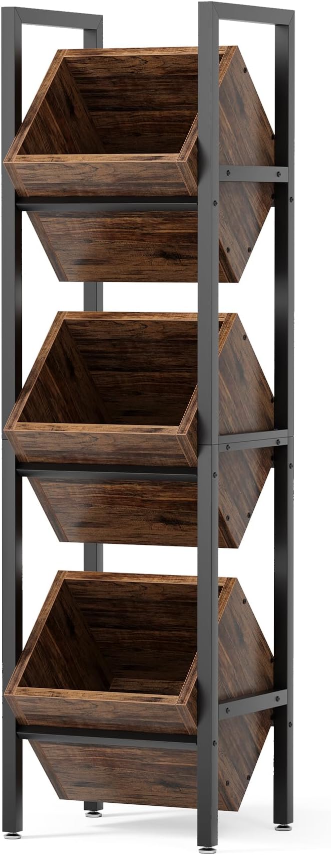 LITTLE TREE 3-Tier Basket Stand, Wooden Floor Stand Shelving Unit, Rustic Standing Organizer Storage Rack for Kitchen, Bathroom, Living Room