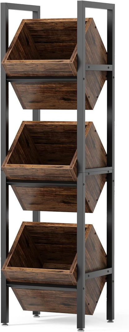 LITTLE TREE 3-Tier Basket Stand, Wooden Floor Stand Shelving Unit, Rustic Standing Organizer Storage Rack for Kitchen, Bathroom, Living Room