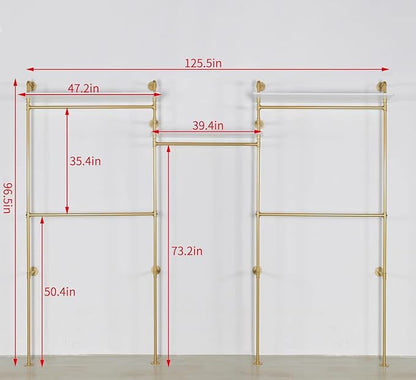 Industrial Pipe Clothing Rack Wall Mounted 5 Hanging Rods Garment Bar with Storage Shelf, Heavy Duty Metal Clothes Racks Closet System for Hanging Clothes Retail Display (Gold)