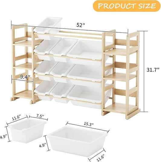 Extra Large Toy Storage - Toy Storage Organizer, Wooden Toy Organizer with 6 Side Shelves and 12 Bins, 3-in-1 Bookshelf for Kids Rooms, Playroom, Nursery, White