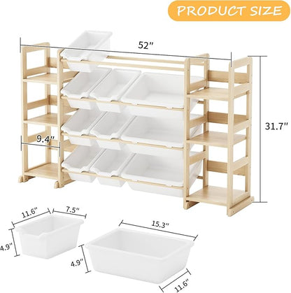 Extra Large Toy Storage - Toy Storage Organizer, Wooden Toy Organizer with 6 Side Shelves and 12 Bins, 3-in-1 Bookshelf for Kids Rooms, Playroom, Nursery, Multi Color