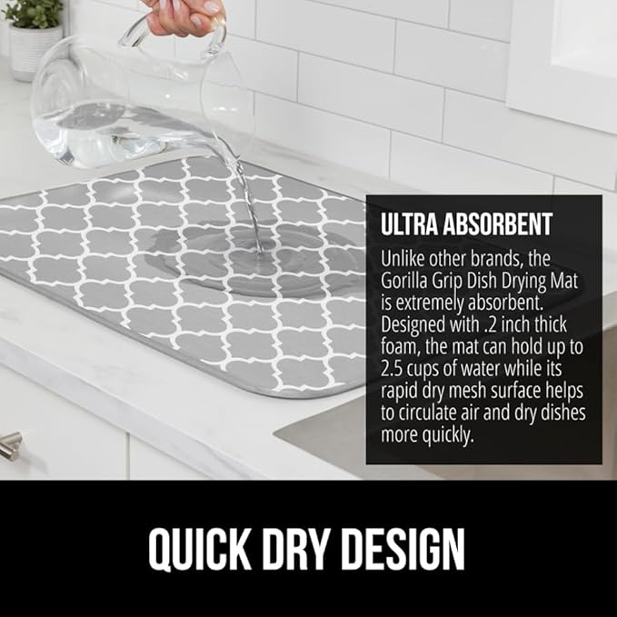 GORILLA GRIP Ultra Water Absorbent Microfiber Dish Drying Mat, 18x24, Quick Dry Thick Mesh, Slip Resistant Pad for Sink Dishes or Under Rack, Kitchen Counter Accessories, Machine Wash Mats, Quatrefoil