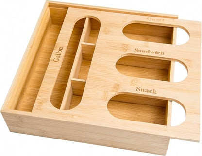 Lipper International Bamboo Storage Bag Organizer Holder and Dispenser for Kitchen Drawer or Countertop, 4 Compartment Sizes