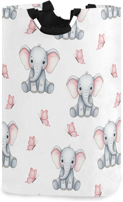 Laundry Hamper Basket Elephant Butterfly White Storage Basket Collapsible Laundry Bag with Handle Decorative Blanket Basket for Dirty Clothes Living Room Bathroom