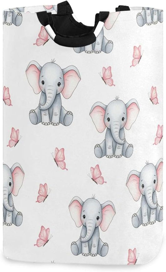 Laundry Hamper Basket Elephant Butterfly White Storage Basket Collapsible Laundry Bag with Handle Decorative Blanket Basket for Dirty Clothes Living Room Bathroom