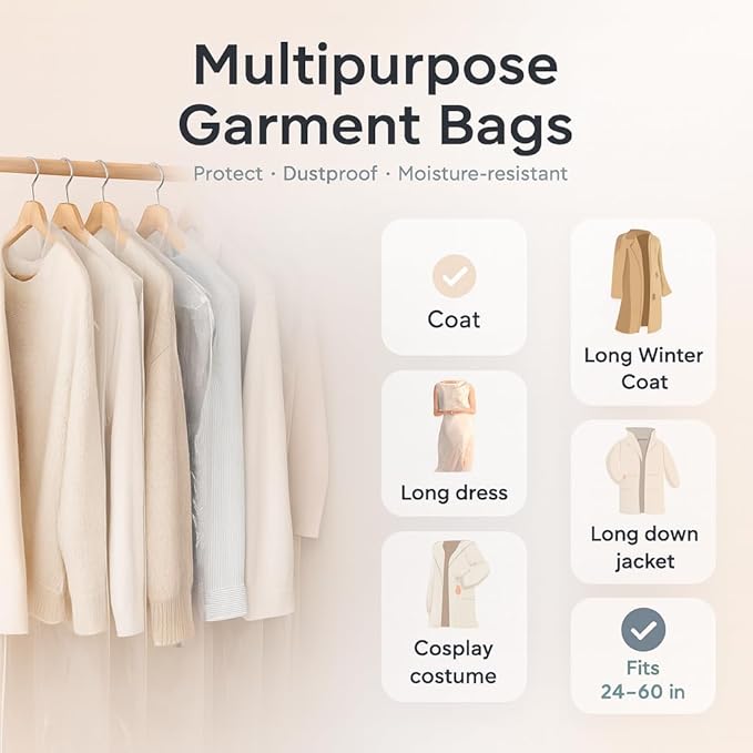 40 Pack Clear Plastic Garment Bags, 60" x 23.5" Clothes Covers for Hanging, Dry Cleaning Bags for Closet Storage, Dust-Proof Transparent Clothing Protectors for Long Dresses Skirt, Suits & Jackets