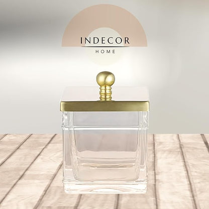 Indecor Home Clear Transparent Hotel Style Apothecary Tempered Glass Canister Jar W/ Gold Metal Lid Cover, Classic Countertop Organizer for Cotton balls/pads, Floss Picks, Makeup Storage