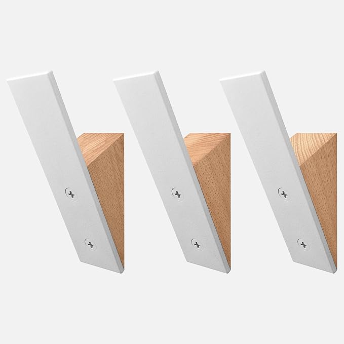 Homeforia Beech Wood Coat Hooks, High End Beech Wood & White Metal Wall Mounted Clothing Hooks, Mid-Century Modern Coat Hooks, Heavy Duty Wooden Hooks for Hanging Coats, Hats, Towels & More, Set of 3