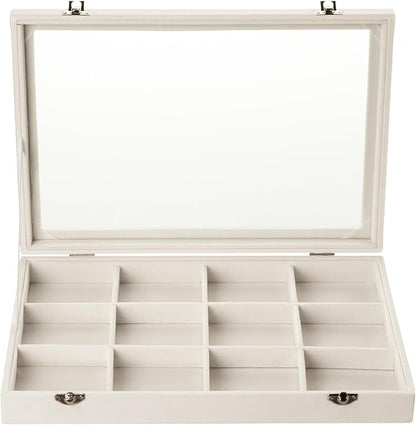 Frebeauty Velvet Jewelry Tray,12 Grid Jewelry Organizer with Clear Lid,Bracelets Holder,Jewelry Display Case with Clasp,Drawer Insert Bangle Brooch,13.8 x 9.5 x 2 Inches,Gift for Women Girls(Beige)