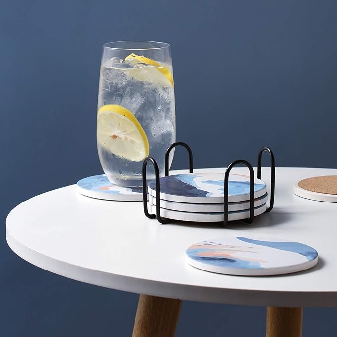 LIFVER Absorbent Drink Coasters with Holder, Set of 6 Ceramic Coasters Set with Cork Base, for Kinds of Drinking Glasses, 4 Inches Stone Coasters for Home Decor, White Elephant Gifts for Adults