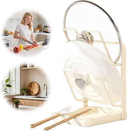 Pot Lid Organizer and Holder, Kitchen Countertop Storage Rack with Removable Drip Tray & Spoon Rest, 2-Tier Space-Saving Stand for Pots and Pans Lids