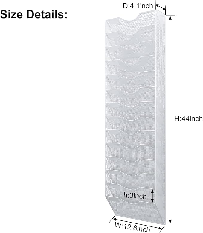 14 Pockets Hanging Wall File Organizer, Office Organization Wall Mount Mail Sorter Paper Holder Bill Organizer for Home, White
