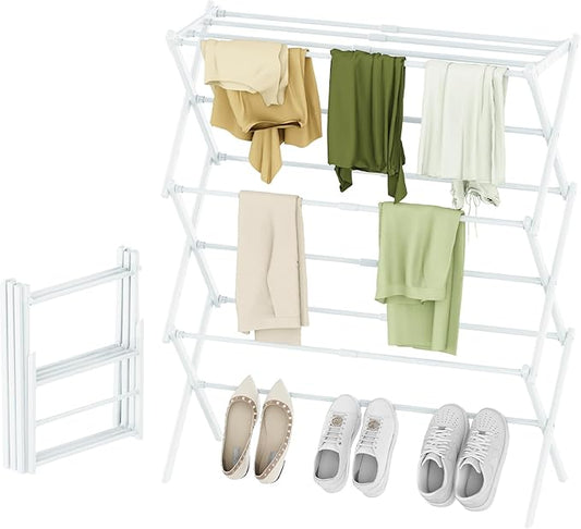 Foldable Drying Rack Clothing, 3-Tier Portable Clothes Drying Racks for Indoor & Outdoor, Anti-Rust Compact Laundry Rack Collapsible, White 28" D x 10" W x 35" H
