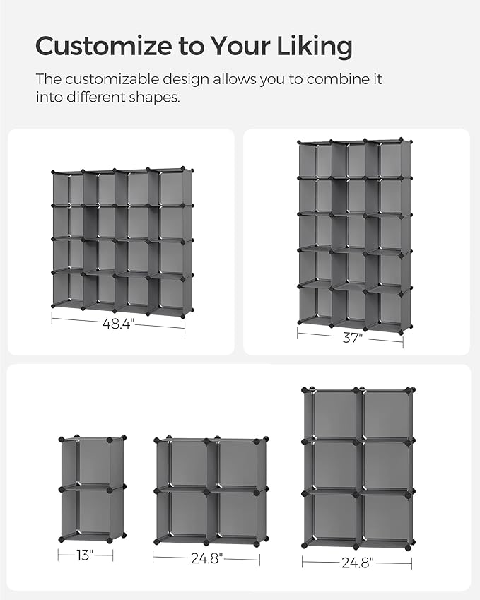 SONGMICS Cube Storage Organizer, Set of 16 Plastic Cubes, Closet Organizers and Storage, Room Organization, Bedroom Living Room, 12.2 x 48.4 x 48.4 Inches, Gray ULPC442G01