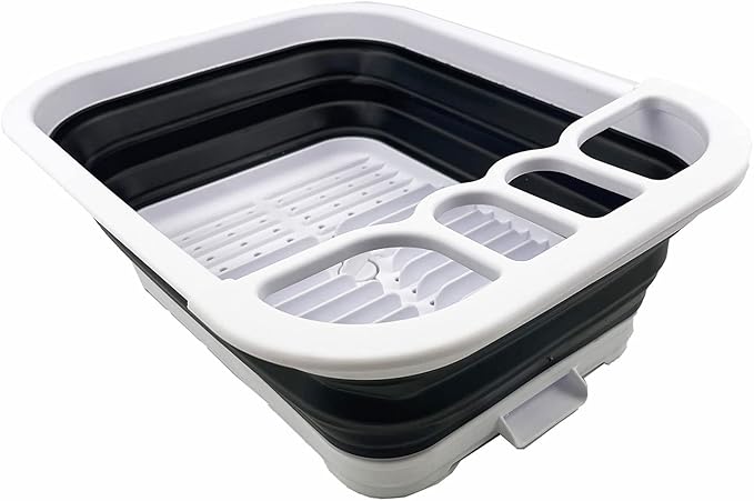 SAMMART 7.3L (1.9 Gallon) Collapsible Plastic Dish Drainer with Drainer Board-Foldable Drying Rack Set - Portable Dinnerware Organizer-Space Saving (White/Charcoal Black)