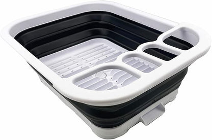 SAMMART 7.3L (1.9 Gallon) Collapsible Plastic Dish Drainer with Drainer Board-Foldable Drying Rack Set - Portable Dinnerware Organizer-Space Saving (White/Charcoal Black)