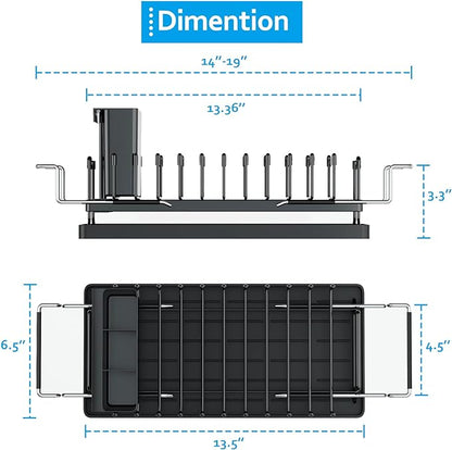 ANTOPY Sink Dish Drying Rack - Expandable Small Dish Rack Over Sinks with Silicone Drying Tray, Dish Drainer for Kitchen Counter with Cutlery Holder, Drying Rack Fit for 14’’-19’’ Kitchen Sink
