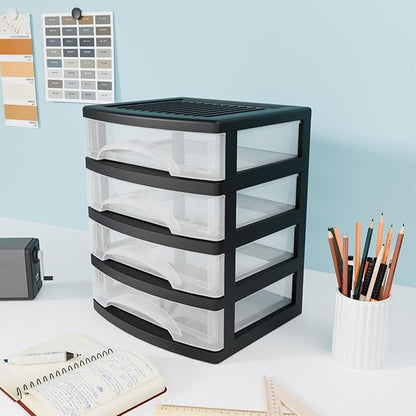 BYCY 4-Drawer Clear Stacking Desktop Organizer for Office Supplies Small Business Organization, Stackable Storage Drawers Plastic Storage Bins For Kitchen Cabinets, Pantry, Home Organization