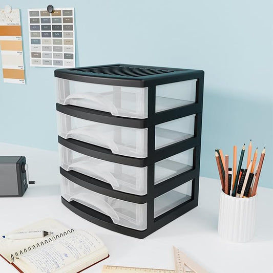 BYCY 4-Drawer Clear Stacking Desktop Organizer for Office Supplies Small Business Organization, Stackable Storage Drawers Plastic Storage Bins For Kitchen Cabinets, Pantry, Home Organization