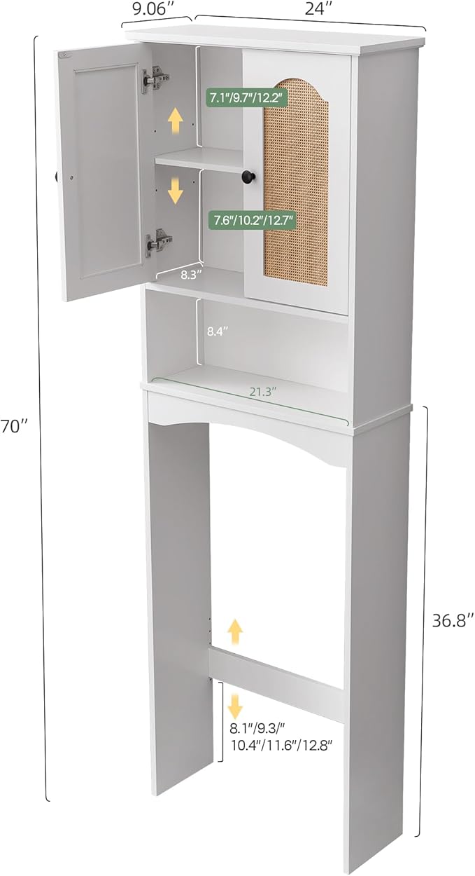 OONNEE Over The Toilet Storage Cabinet, Above Toilet Organizer with 2 Rattan Doors, Modern White Finish, 24x70 inch Space Saving Freestanding Bathroom Cabinet