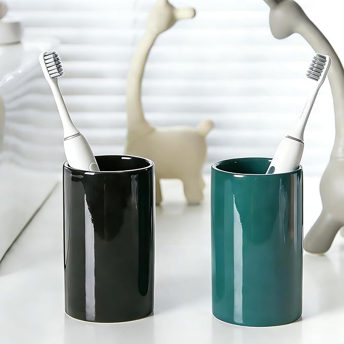 AHUDKKY Green Ceramic Toothbrush Holders, Electric Toothbrush Holder for Toothbrushes and Toothpaste,Tumbler Cups Reusable Toothbrush Mouthwash Cup(300ml)