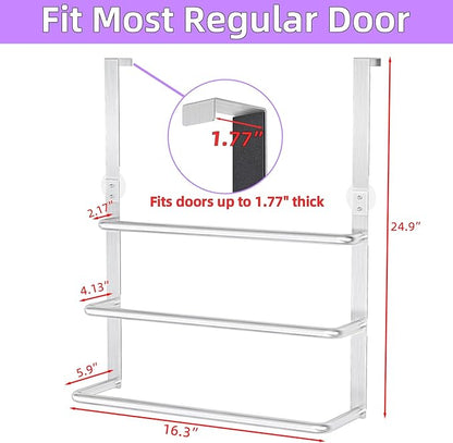 Over The Door Towel Rack, 304 Stainless Steel Towel Rack, 3 Tier Towel Bar for Hanging Towels, 16 Inch Over Door Towel Storage Holder for Bathroom, Brushed Silver