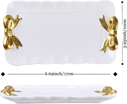 COZITED Bow Jewelry Tray Ceramic Trinket Dish for Rings Earrings Necklaces Bracelet Watch Keys, Ring Dish Plate Key Bowl Room Decor Aesthetic Vanity Perfume Tray, Gifts for Women, 6.69"