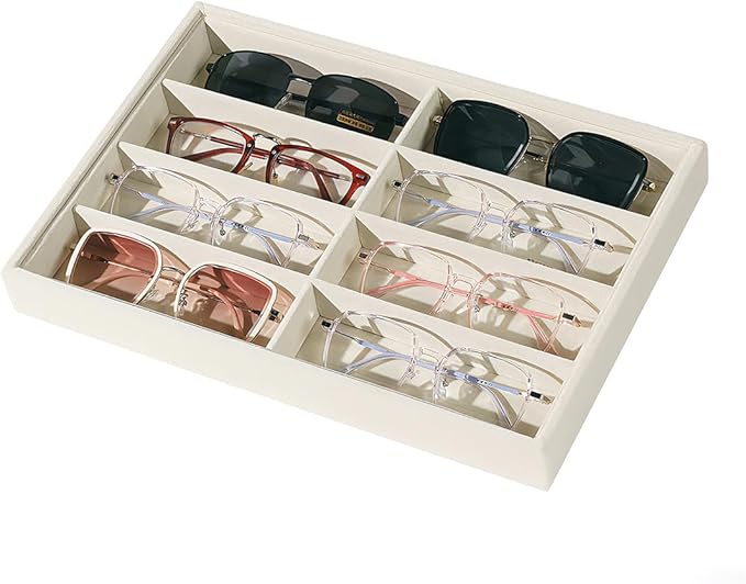 XHMQYC Glasses Holder Box Drawer Sunglass Organizer for Men Clear Wide Storage Case 8 Slots Multiple Reading Glasses Display, Beige Velvet