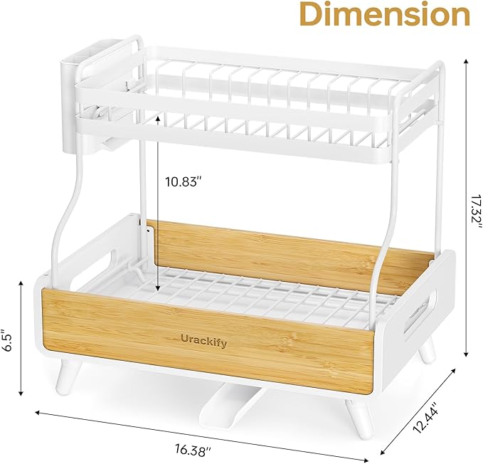 Urackify 2-Tier Dish Drying Rack – Large Capacity Dish Rack with Stainless Steel and Bamboo, Dish Drainers for Kitchen Counter, Drying Rack Kitchen with Utensil Holder and Drainboard, White