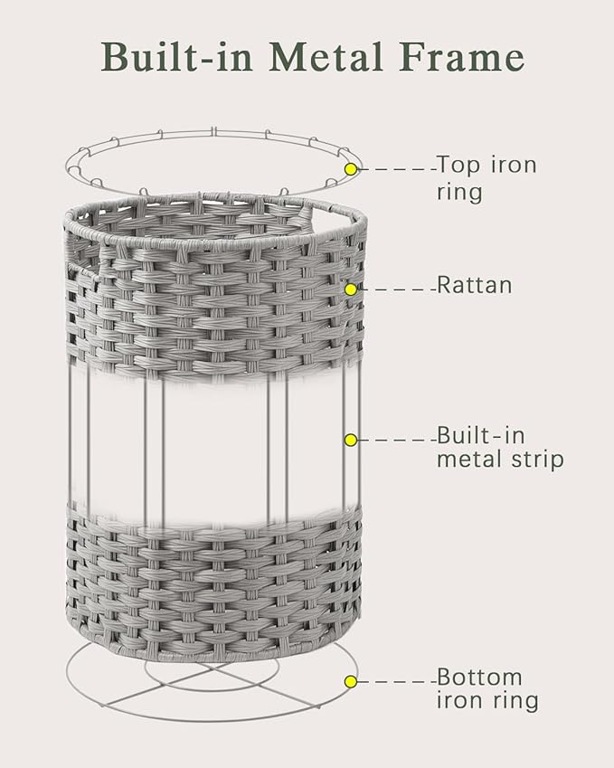 34.3 Gal (130 L) Large Laundry Hamper Laundry Basket Round Handwoven Wicker Laundry Baskets Rattan Laundry Basket with Removable Bag Handles 2 Mesh Bags for Living Room Bedroom Gray (No Lid)
