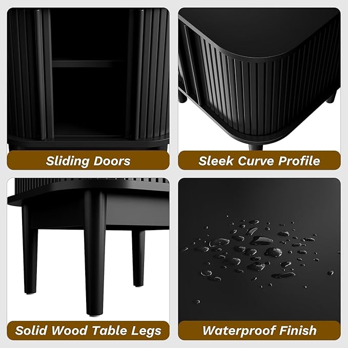 Set of 2 Fluted Nightstand with Sliding Doors, Modern Bedside Table with Solid Wood Legs, Wood Night Stand for Bedroom (Black)