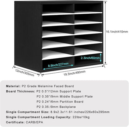 PAG Countertop Mail Sorter Organizer, Wooden Literature Organizer, Student Mailbox for Classroom, Desktop Bill Organizer for Office Home School, 12 Compartments, Black&White