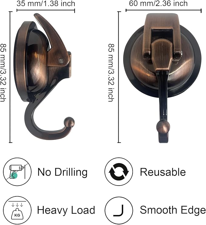 YSSILADI Heavy Duty Vacuum Suction Shower Hooks - Glass Suction Cup Hooks, for Bathroom Robe or Garland Decoration (Antique Brass, 6 Pack)