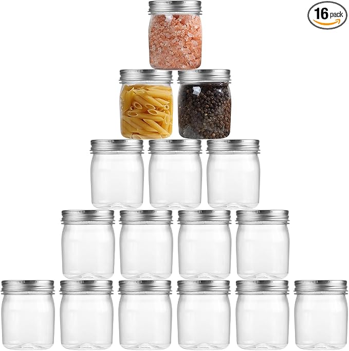 novelinks Plastic Jars With Lids 16Pcs 8 oz Mason Jars Silver With Lids Food Storage for Milkshakes Juice Nuts Cupcakes (Silver, 16 Pack 8 Ounce)