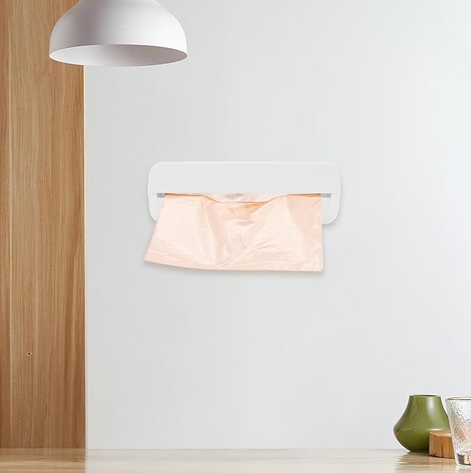Luxshiny Plastic Bag Holder Wall-mounted Trash Bag Dispenser Kitchen Grocery Bags Storage Easy Hanging over Cabinet Door under Sink Bag Saver Organizer for Home Kitchen Office White, 18X6.5CM