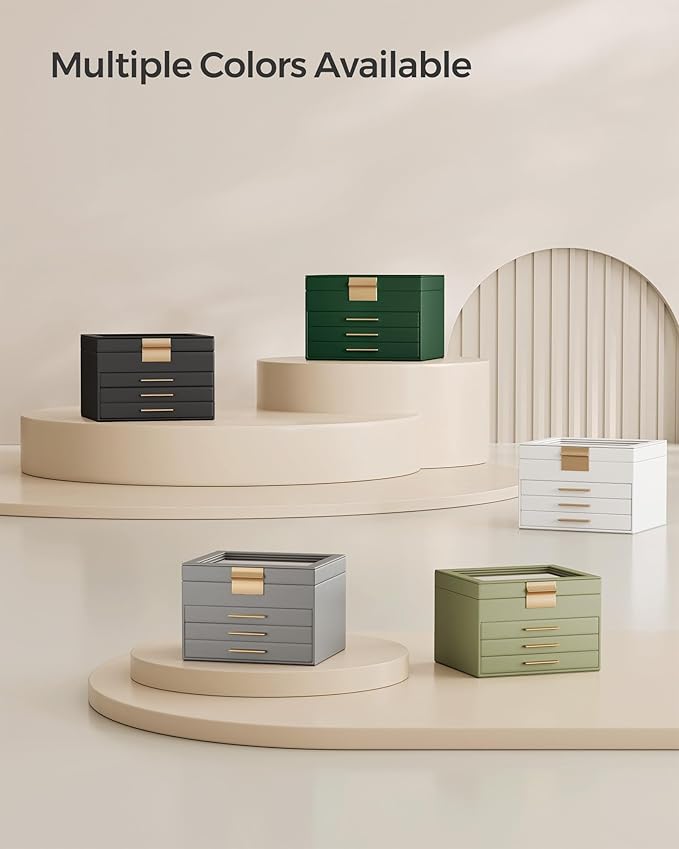 SONGMICS Jewelry Box Organizer with Glass Lid, 4-Layer Jewelry Storage, with 3 Drawers, Modern Style, 8 x 9.1 x 6.5 Inches, Forest Green and Gold Color UJBC173C01