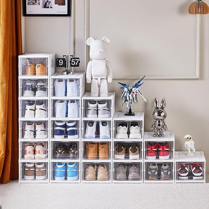 FUYUN Plastic Shoe Organizer - Stackable and Foldable 6-Tier Shoe Boxes for Closet, Clear and Space-Saving Sneaker Containers, No Assembly Required