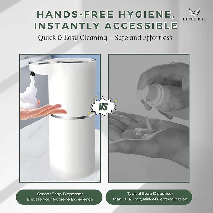 ELITE BAY Auto Foam Soap Dispenser-Touchless Soap Dispensor with Four- Speed Foam Settings | 350ml Capacity | Rechargeable 1200mAh Battery. USB Charging | ABS+PP Material | 1.5W Power White.
