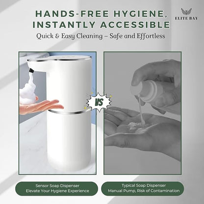 ELITE BAY Auto Foam Soap Dispenser-Touchless Soap Dispensor with Four- Speed Foam Settings | 350ml Capacity | Rechargeable 1200mAh Battery. USB Charging | ABS+PP Material | 1.5W Power White.